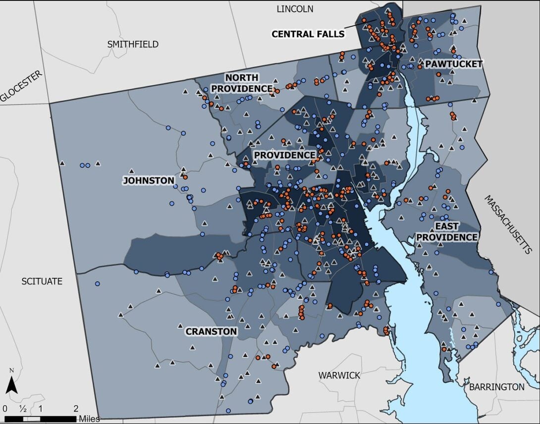 This image depicts tobacco retailers proximity to schools within Rhode Island. For the core cities with 15% or more of children living below the poverty threshold, over 40% of all tobacco retailers were within walking distance to a school.