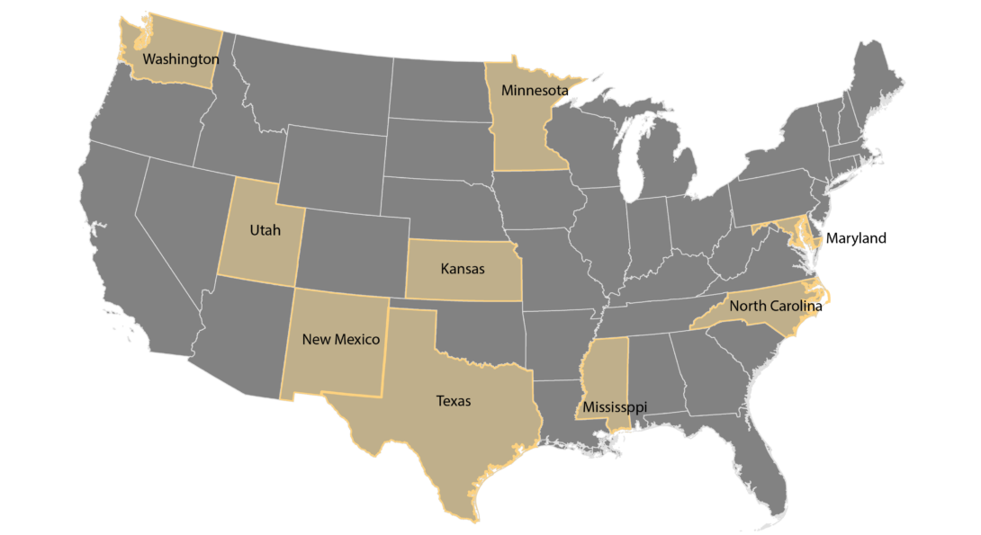 Map highlighting state departments selected: Kansas, Maryland, Minnesota, Mississippi, New Mexico, North Carolina, Texas, Utah, and Washington