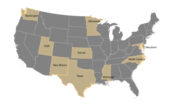 Map highlighting state departments selected: Kansas, Maryland, Minnesota, Mississippi, New Mexico, North Carolina, Texas, Utah, and Washington