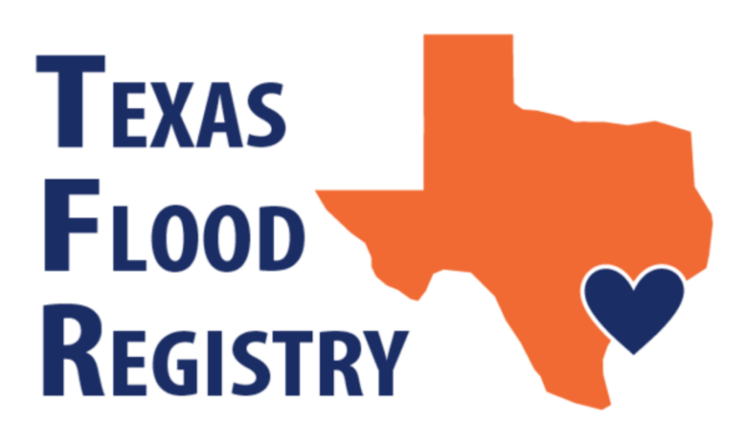 Texas Flood Registry Logo with an orange Texas silhouette and a small blue heart