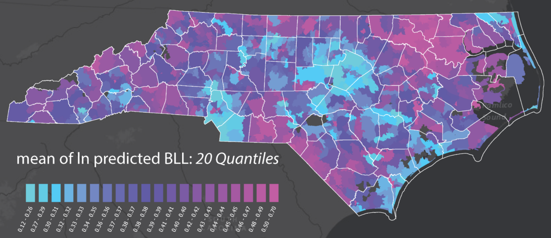 Map of mean predicted log Blood Lead Level (BLL) in 20 Quantiles across the state of NC