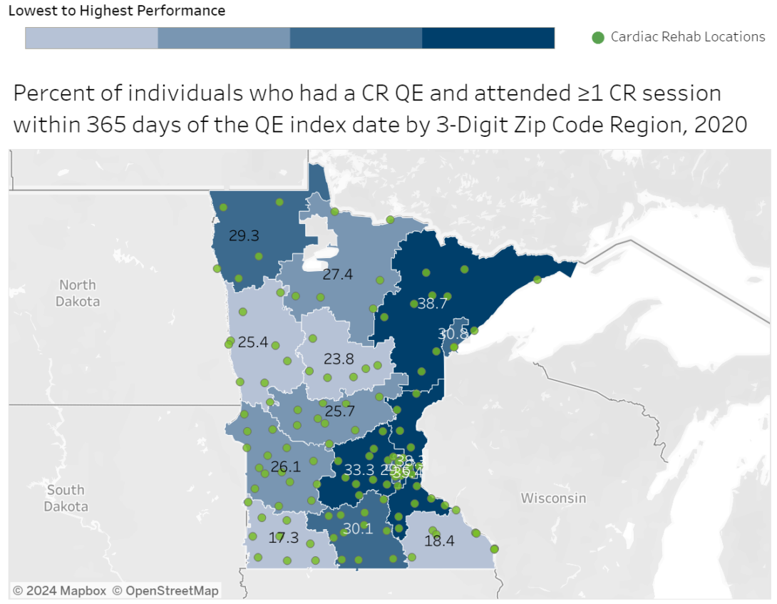 Percent of individuals who had a CR QE and attended greater than or equal to 1 CR session within 365 days of the QE index date by 3-digit Zip Code Region, 2020