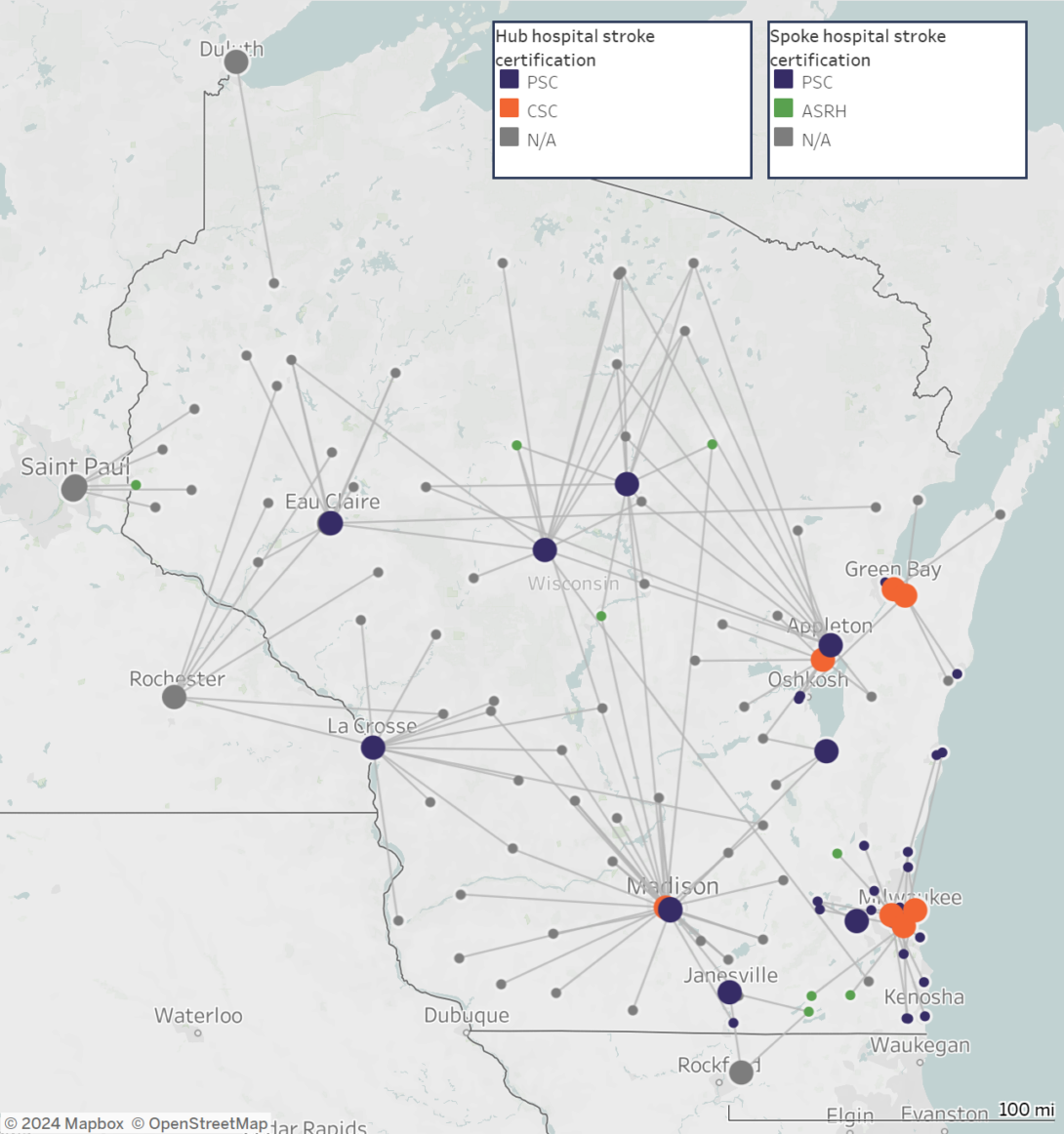 Hub and spoke map for Wisconsin