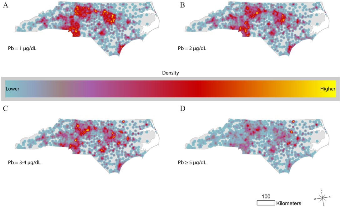 Spatial density of 1, 2, 3-4, and 5 µL/dL